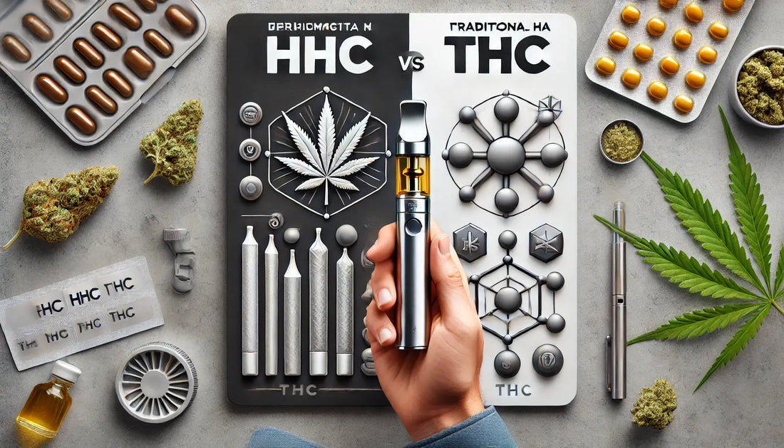 Cartridge από την E-Euphoria Ελλάδα, κρατημένο από χέρι, μπροστά από γραφικό με σύγκριση HHC και THC, περιτριγυρισμένο από προϊόντα κάνναβης.