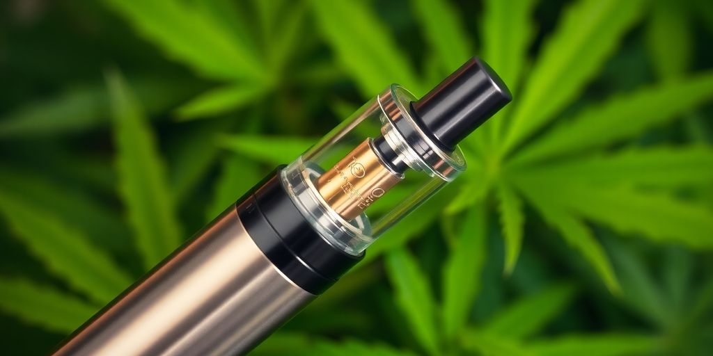 Φωτογραφία ενός THC vape με φύλλα κάνναβης.