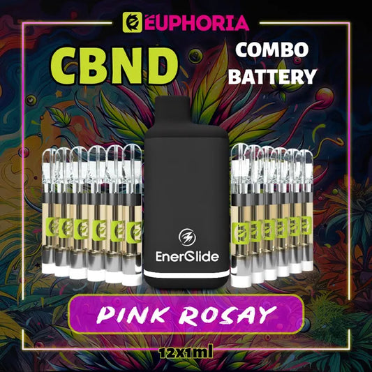 12 x CBND Vape Cartridge + Battery της E-Euphoria Ελλάδα, που περιέχει 1ml του 95% CBND και γεύση τερπενίου του Pink Rozay, άρωμα τριαντάφυλλου για ανεβαστικό και χαλαρωτικό αποτέλεσμα.