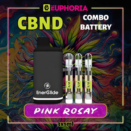 3 x CBND Vape Cartridge + Battery του E-Euphoria Ελλάδα, που περιέχει 1ml του 95% CBND και γεύση τερπενίου του Pink Rozay, άρωμα τριαντάφυλλου για ανεβαστικό και χαλαρωτικό αποτέλεσμα.