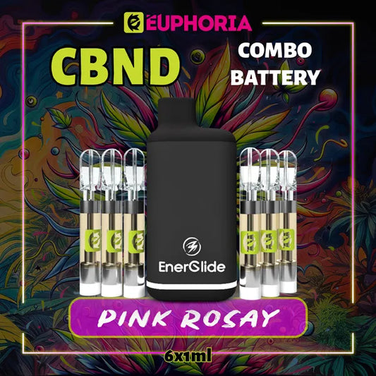 6 x CBND Vape Cartridge + Battery του E-Euphoria Ελλάδα, που περιέχει 1ml του 95% CBND και γεύση τερπενίου του Pink Rozay, άρωμα τριαντάφυλλου για ανεβαστικό και χαλαρωτικό αποτέλεσμα.