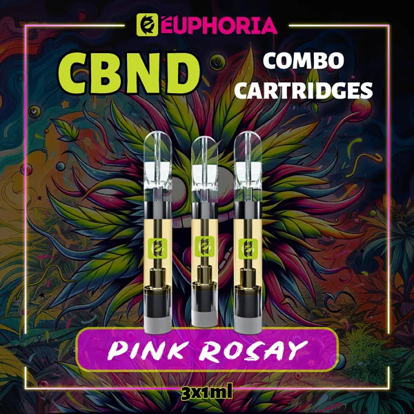 3 x CBND Vape Cartridge του E-Euphoria Ελλάδα, που περιέχει 1ml του 95% CBND και γεύση τερπενίου του Pink Rozay, άρωμα τριαντάφυλλου για ανεβαστικό και χαλαρωτικό αποτέλεσμα.