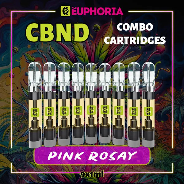 9 x CBDC Vape Cartridge του E-Euphoria Ελλάδα, που περιέχει 1ml του 95% CBND και γεύση τερπενίου του Pink Rozay, άρωμα τριαντάφυλλου για ανεβαστικό και χαλαρωτικό αποτέλεσμα.