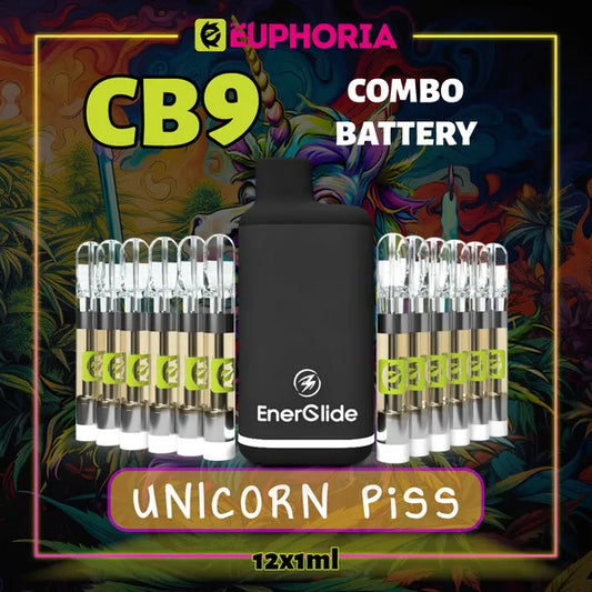 12 x CB9 Vape Cartridge + Battery του E-Euphoria Ελλάδα, που περιέχει 1ml του 88% CBD και γεύση τερπενίου του Unicorn Piss, άρωμα εσπεριδοειδών για ευτυχισμένος και γελώντας αποτέλεσμα.