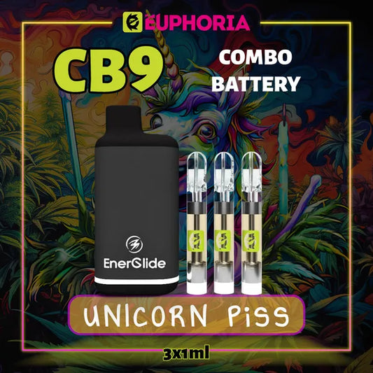 3 x CB9 Vape Cartridge + Battery του E-Euphoria Ελλάδα, που περιέχει 1ml του 88% CBD και γεύση τερπενίου του Unicorn Piss, άρωμα εσπεριδοειδών για ευτυχισμένο και γελώντας αποτέλεσμα.