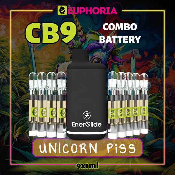 9 x CB9 Vape Cartridge + Battery του E-Euphoria Ελλάδα, που περιέχει 1ml του 88% CBD και γεύση τερπενίου του Unicorn Piss, άρωμα εσπεριδοειδών για ευτυχισμένο και γελώντας αποτέλεσμα.