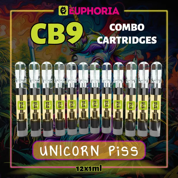 12 x CB9 Vape του E-Euphoria Ελλάδα, που περιέχει 1ml του 88% CBD και γεύση τερπενίου του Unicorn Piss, άρωμα εσπεριδοειδών για ευτυχισμένο και γελώντας αποτέλεσμα.