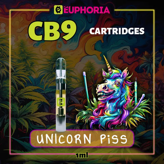 CB9 Vape Cartridge της E-Euphoria Ελλάδα, που περιέχει 1ml του 88% CBD και γεύση τερπενίου Unicorn Piss, άρωμα εσπεριδοειδών για ευτυχισμένο και γελώντας αποτέλεσμα.