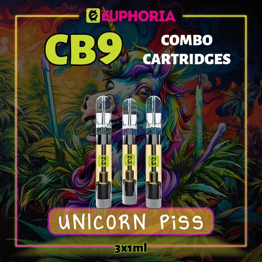 3 x CB9 Vape Cartridge του E-Euphoria Ελλάδα, που περιέχει 1ml του 88% CBD και γεύση τερπενίου του Unicorn Piss, άρωμα εσπεριδοειδών για ευτυχισμένο και γελώντας αποτέλεσμα.