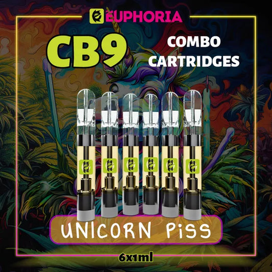 6 x CB9 Vape Cartridge του E-Euphoria Ελλάδα, που περιέχει 1ml του 88% CBD και γεύση τερπενίου του Unicorn Piss, άρωμα εσπεριδοειδών για ευτυχισμένος και γελώντας αποτέλεσμα.