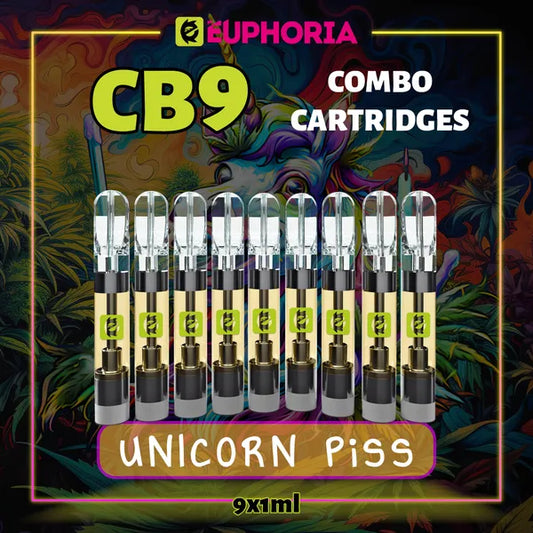9 x CB9 Vape Cartridge του E-Euphoria Ελλάδα, που περιέχει 1ml του 88% CBD και γεύση τερπενίου του Unicorn Piss, άρωμα εσπεριδοειδών για ευτυχισμένο και γελώντας αποτέλεσμα.