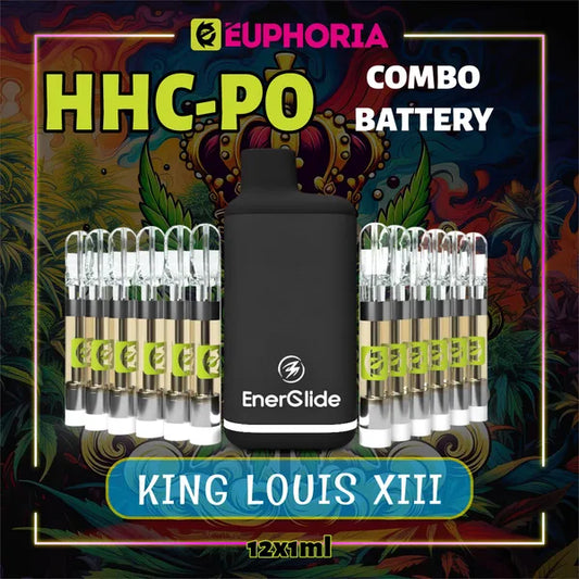 12 x HHCPO Vape Cartridge + Battery του E-Euphoria Ελλάδα, που περιέχει 1ml του 20% HHC and 75% HHCO και γεύση τερπενίου του King Louis XIII, γήινο άρωμα για χαλαρωτικό και καταπραϋντικό αποτέλεσμα.