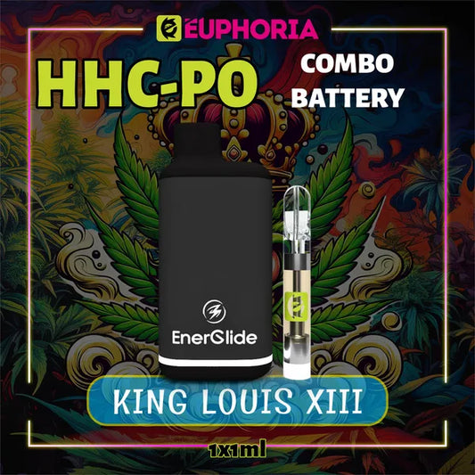 HHCPO Vape Cartridge + Battery του E-Euphoria Ελλάδα, που περιέχει 1ml του 20% HHCPO, 75% HHCO και γεύση τερπενίου του King Louis XIII, γήινο άρωμα για χαλαρωτικό και καταπραϋντικό αποτέλεσμα.