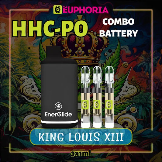 3 x HHCPO Vape Cartridge + Battery της E-Euphoria Ελλάδα, περιέχει 1ml του 20% HHCPO, 75% HHCO και γεύση τερπενίου του King Louis XIII, γήινο άρωμα για χαλαρωτικό και καταπραϋντικό αποτέλεσμα.