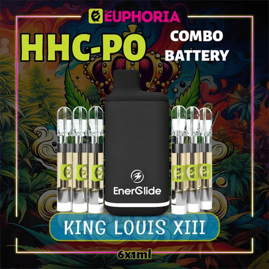 6 x HHCPO Vape Cartridge + Battery του E-Euphoria Ελλάδα, που περιέχει 1ml του 20% HHCPO, 75% HHCO και γεύση τερπενίου του King Louis XIII, γήινο άρωμα για χαλαρωτικό και καταπραϋντικό αποτέλεσμα.