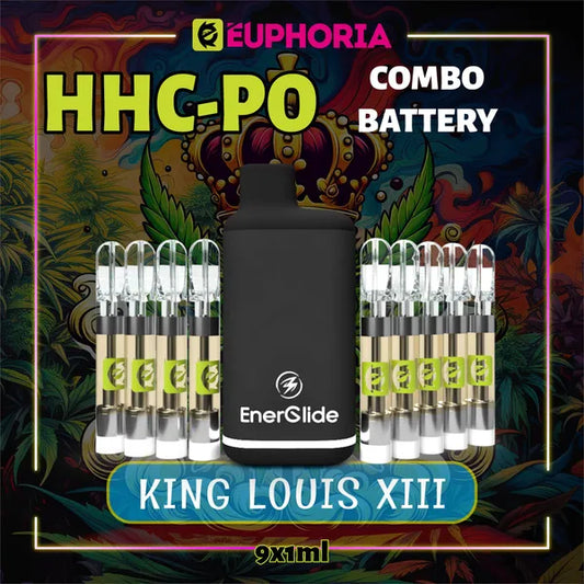 9 x HHCPO Vape Cartridge + Battery του E-Euphoria Ελλάδα, που περιέχει 1ml του 20% HHCPO, 75% HHCO και γεύση τερπενίου του King Louis XIII, γήινο άρωμα για χαλαρωτικό και καταπραϋντικό αποτέλεσμα.