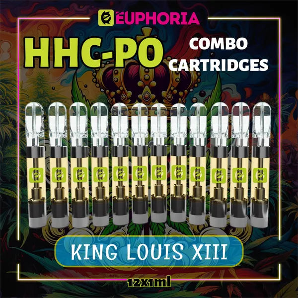12 x HHCPO Vape Cartridge της E-Euphoria Ελλάδα, που περιέχει 1ml του 20% HHCPO και 75% HHCO και γεύση τερπενίου του King Louis XIII, γήινο άρωμα για χαλαρωτικό και καταπραϋντικό αποτέλεσμα.