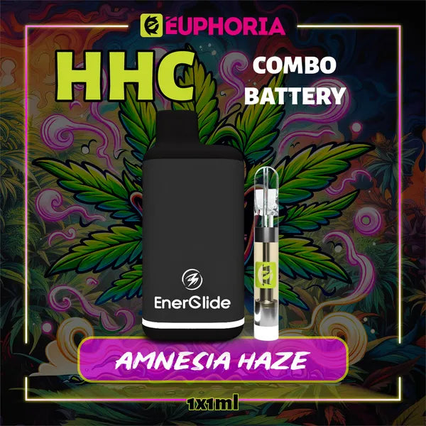 1 x HHC Vape Cartridge + Battery της E-Euphoria Ελλάδα, που περιέχει 1ml του 95% HHC και γεύση τερπενίου του Amnezia Haze, άρωμα εσπεριδοειδών για ανεβαστικό και ευφορικό αποτέλεσμα.