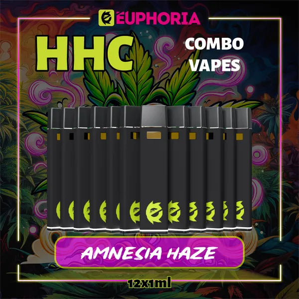 12 x HHC Vape του E-Euphoria Ελλάδα, που περιέχει 1ml του 95% HHC και γεύση τερπενίου του Amnezia Haze, άρωμα εσπεριδοειδών για ανεβαστικό και ευφορικό αποτέλεσμα.