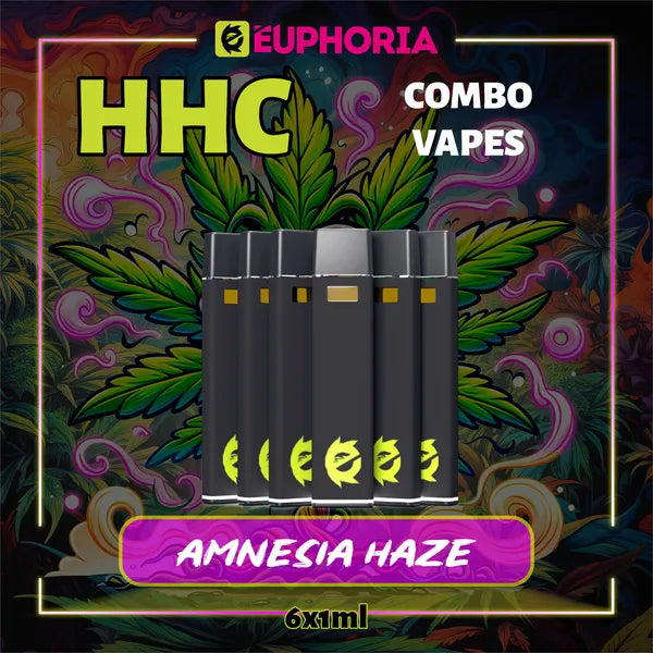 6 x HHC Vape του E-Euphoria Ελλάδα, που περιέχει 1ml του 95% HHC και γεύση τερπενίου του Amnezia Haze, άρωμα εσπεριδοειδών για ανεβαστικό και ευφορικό αποτέλεσμα.