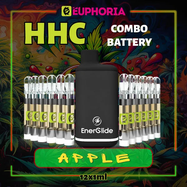 12 x HHC Vape Cartridge + Battery του E-Euphoria Ελλάδα, που περιέχει 1ml του 95% HHC και γεύση τερπενίου του Apple, γλυκό άρωμα φρουτώδες για καταπραϋντική ευφορία.