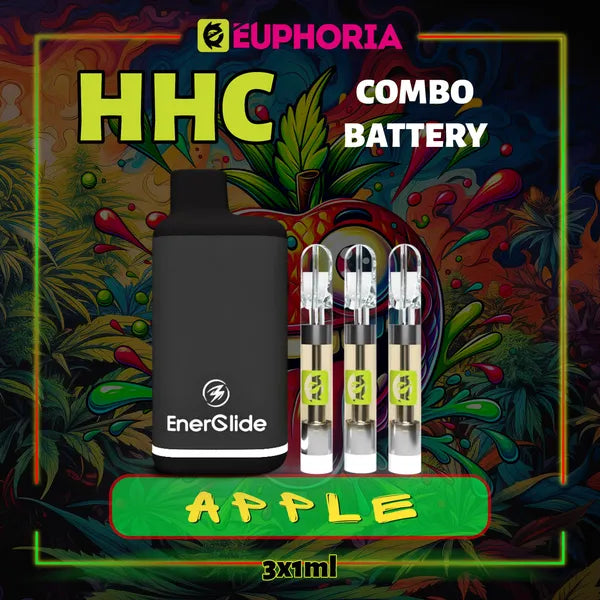 3 x HHC Vape Cartridge + Battery της E-Euphoria Ελλάδα, που περιέχει 1ml του 95% HHC και γεύση τερπενίου Apple, γλυκό άρωμα φρουτώδες за καταπραϋντική ευφορία.