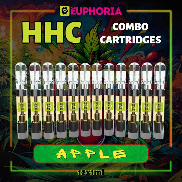 12 x HHC Vape Cartridge του E-Euphoria Ελλάδα, που περιέχει 1ml του 95% HHC και γεύση τερπενίου Apple, γλυκό άρωμα φρουτώδες για καταπραϋντική ευφορία.