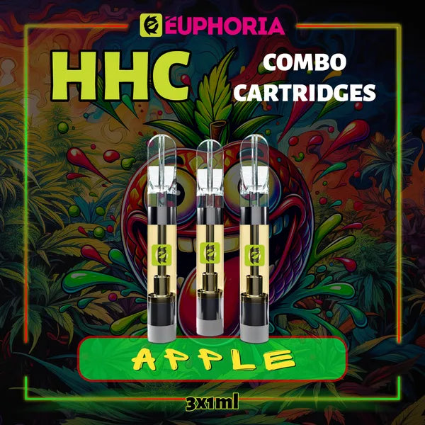 3 x HHC Vape Cartridge της E-Euphoria Ελλάδα, περιέχει 1ml του 95% HHC και γεύση τερπενίου Apple, γλυκό άρωμα φρουτώδες για καταπραϋντική ευφορία.