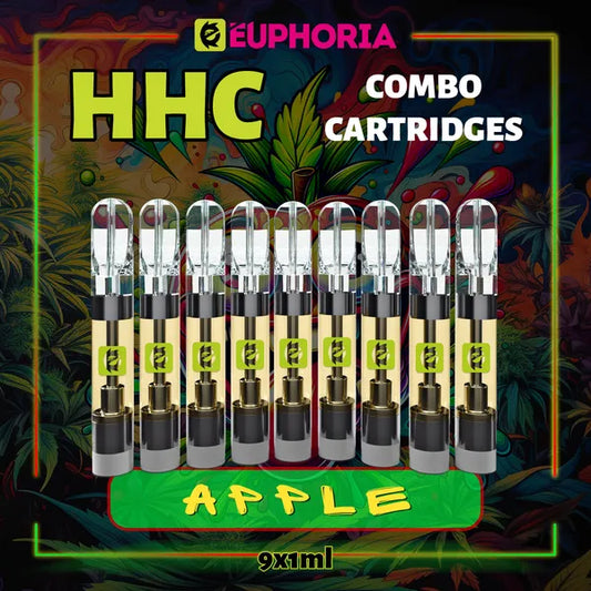 9 x HHC Vape Cartridge του E-Euphoria Ελλάδα, που περιέχει 1ml του 95% HHC και γεύση τερπενίου του Apple, γλυκό άρωμα φρουτώδες για καταπραϋντική ευφορία.
