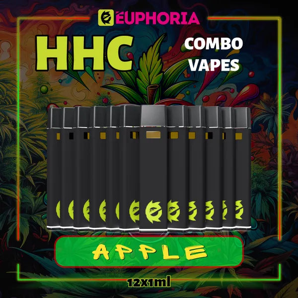 12 x HHC Vape του E-Euphoria Ελλάδα, που περιέχει 1ml του 95% HHC και γεύση τερπενίου Apple, γλυκό άρωμα φρουτώδες για καταπραϋντική ευφορία.