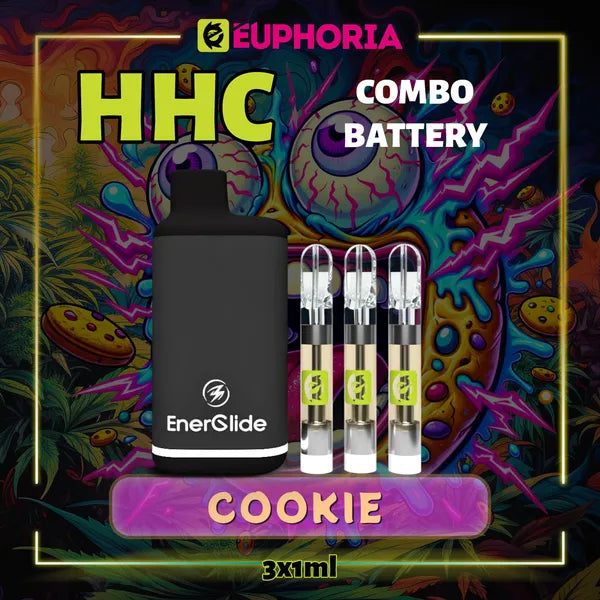3 x HHC Vape Cartridge + Battery του E-Euphoria Ελλάδα, που περιέχει 1ml του 95% HHC και γεύση τερπενίου του Cookie, άρωμα μπισκότων για ευφορικό και χαλαρωτικό αποτέλεσμα.