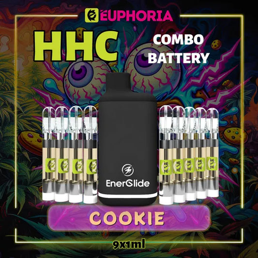 9 x HHC Vape Cartridge + Battery του E-Euphoria Ελλάδα, που περιέχει 1ml του 95% HHC και γεύση τερπενίου του Cookie, άρωμα μπισκότων για ευφορικό και χαλαρωτικό αποτέλεσμα.