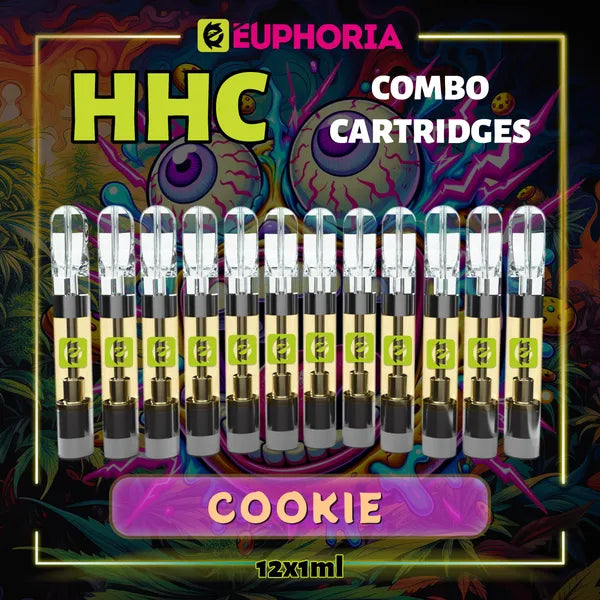12 x HHC Vape Cartridge του E-Euphoria Ελλάδα, που περιέχει 1ml του 95% HHC και γεύση τερπενίου του Cookie, άρωμα μπισκότων για ευφορικό και χαλαρωτικό αποτέλεσμα.