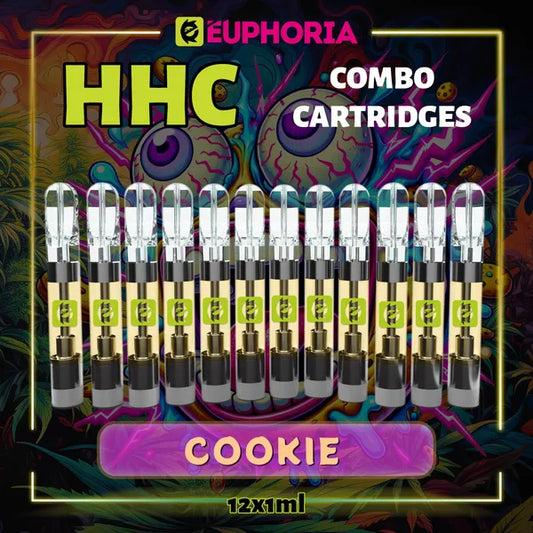 12 x HHC Vape Cartridge του E-Euphoria Ελλάδα, που περιέχει 1ml του 95% HHC και γεύση τερπενίου του Cookie, άρωμα μπισκότων για ευφορικό και χαλαρωτικό αποτέλεσμα.