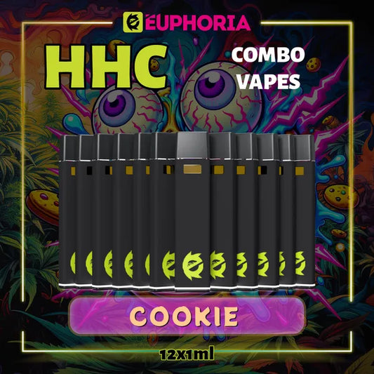 12 x HHC Vape του E-Euphoria Ελλάδα, που περιέχει 1ml του 95% HHC και γεύση τερπενίου του Cookie, άρωμα μπισκότων για ευφορικό και χαλαρωτικό αποτέλεσμα.