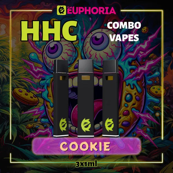 3 x HHC Vape του E-Euphoria Ελλάδα, που περιέχει 1ml του 95% HHC και γεύση τερπενίου του Cookie, άρωμα μπισκότων για ευφορικό και χαλαρωτικό αποτέλεσμα.