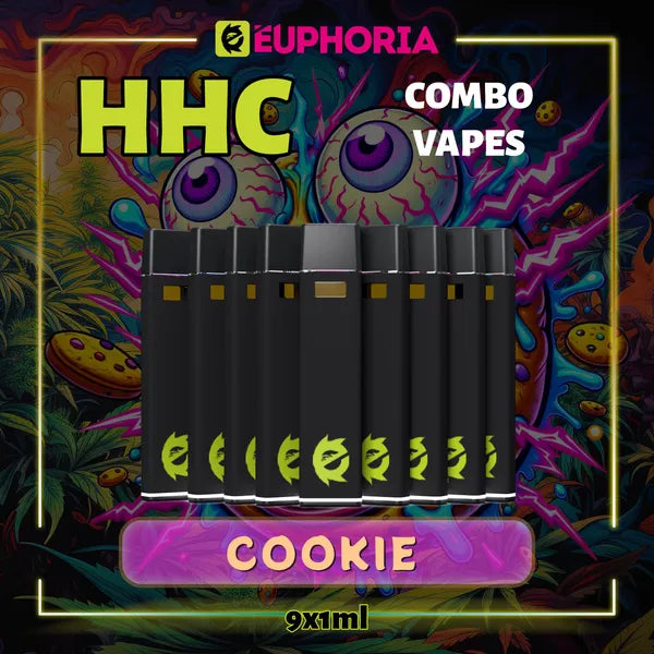 9 x HHC Vape του E-Euphoria Ελλάδα, που περιέχει 1ml του 95% HHC και γεύση τερπενίου του Cookie, άρωμα μπισκότων για ευφορικό και χαλαρωτικό αποτέλεσμα.