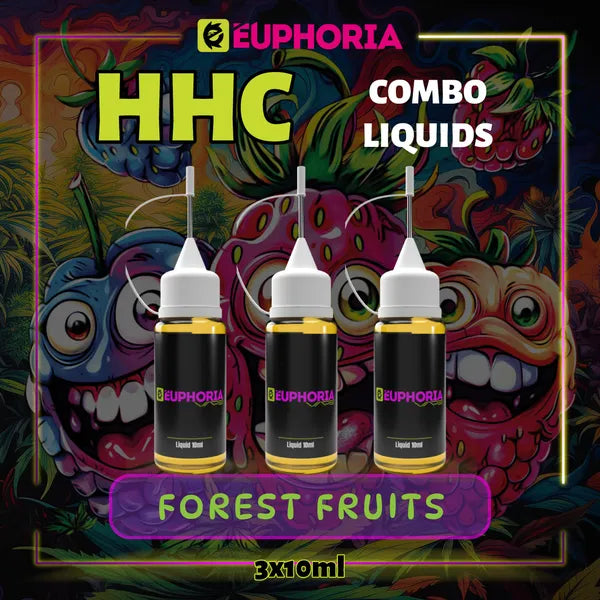 3 x HHC Vape Liquid του E-Euphoria Ελλάδα, που περιέχει 3 x 10ml του 95% HHC και γεύση τερπενίου Forest Fruits για καταπραϋντικό και νοητικά χαλαρωτικό αποτέλεσμα.