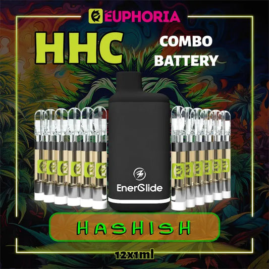 12 x HHC Vape Cartridge + Battery του E-Euphoria Ελλάδα, που περιέχει 1ml του 95% HHC και γεύση τερπενίου του Hashish, γήινο άρωμα για ψυχοδραστικό και χαλαρωτικό αποτέλεσμα.