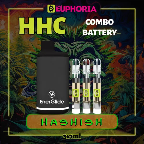 3 x HHC Vape Cartridge + Battery του E-Euphoria Ελλάδα, που περιέχει 1ml του 95% HHC και γεύση τερπενίου Hashish, γήινο άρωμα για ψυχοδραστικό και χαλαρωτικό αποτέλεσμα.