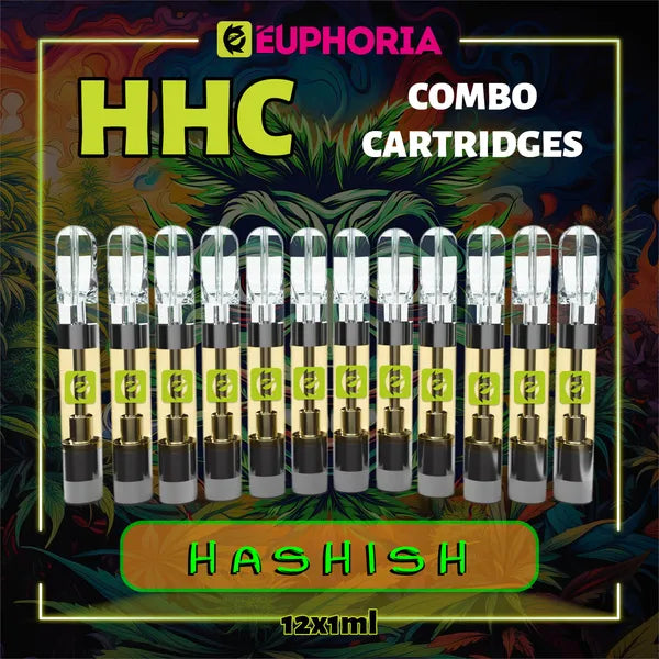 12 x HHC Vape Cartridge του E-Euphoria Ελλάδα, που περιέχει 1ml του 95% HHC και γεύση τερπενίου του Hashish, γήινο άρωμα για ψυχοδραστικό και χαλαρωτικό αποτέλεσμα.