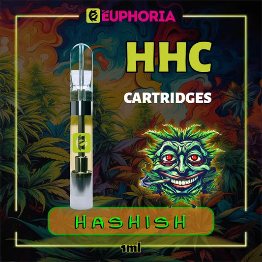 1 x HHC Vape Cartridge της E-Euphoria Ελλάδα, που περιέχει 1ml του 95% HHC και γεύση τερπενίου Hashish, γήινο άρωμα για ψυχοδραστικό και χαλαρωτικό αποτέλεσμα.