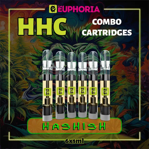 6 x HHC Vape Cartridge του E-Euphoria Ελλάδα, που περιέχει 1ml του 95% HHC και γεύση τερπενίου του Hashish, γήινο άρωμα για ψυχοδραστικό και χαλαρωτικό αποτέλεσμα.