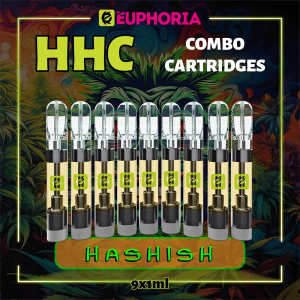 9 x HHC Vape Cartridge του E-Euphoria Ελλάδα, που περιέχει 1ml του 95% HHC και γεύση τερπενίου του Hashish, γήινο άρωμα για ψυχοδραστικό και χαλαρωτικό αποτέλεσμα.
