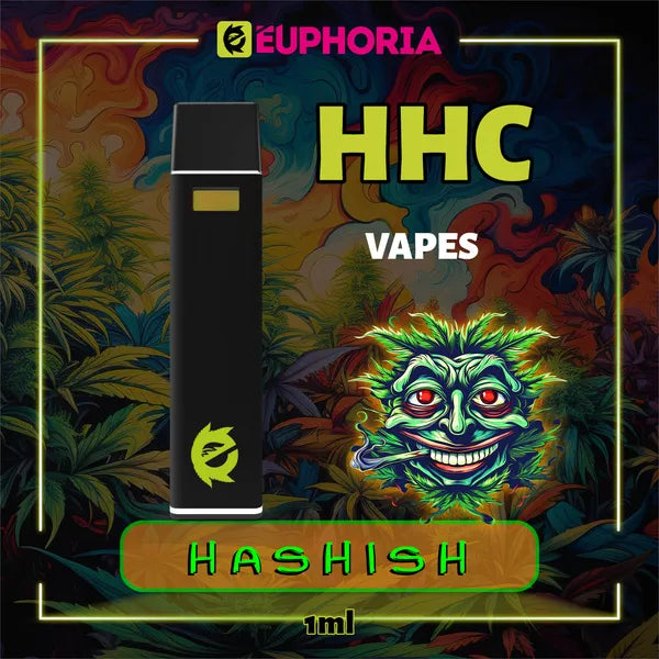 1 x HHC Vape του E-Euphoria Ελλάδα, που περιέχει 1ml του 95% HHC και γεύση τερπενίου του Hashish, γήινο άρωμα για ψυχοδραστικό και χαλαρωτικό αποτέλεσμα.