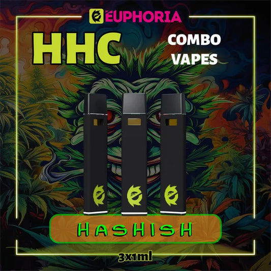 3 x HHC Vape του E-Euphoria Ελλάδα, που περιέχει 1ml του 95% HHC και γεύση τερπενίου του Hashish, γήινο άρωμα για ψυχοδραστικό και χαλαρωτικό αποτέλεσμα.