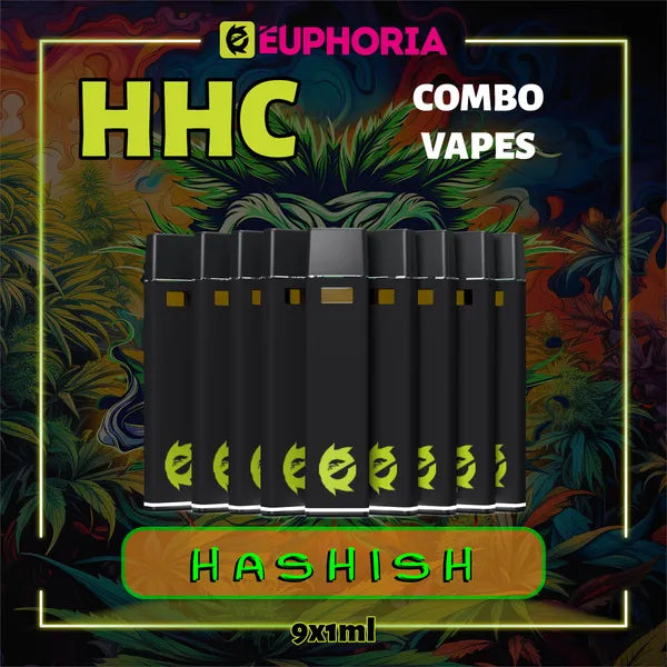 9 x HHC Vape της E-Euphoria Ελλάδα, που περιέχει 1ml του 95% HHC και γεύση τερπενίου Hashish, γήινο άρωμα για ψυχοδραστικό και χαλαρωτικό αποτέλεσμα.
