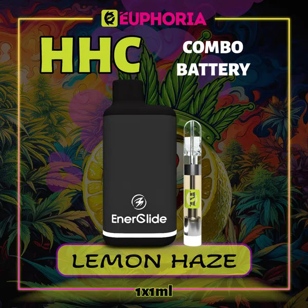 1 x HHC Vape Cartridge + Battery του E-Euphoria Ελλάδα, που περιέχει 1ml του 95% HHC και γεύση τερπενίου του Lemon Haze, άρωμα λεμονιού για ανεβαστικό και χαλαρωτικό αποτέλεσμα.