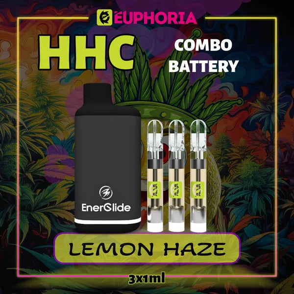 3 x HHC Vape Cartridge + Battery του E-Euphoria Ελλάδα, που περιέχει 1ml του 95% HHC και γεύση τερπενίου του Lemon Haze, άρωμα λεμονιού για ανεβαστικό και χαλαρωτικό αποτέλεσμα.