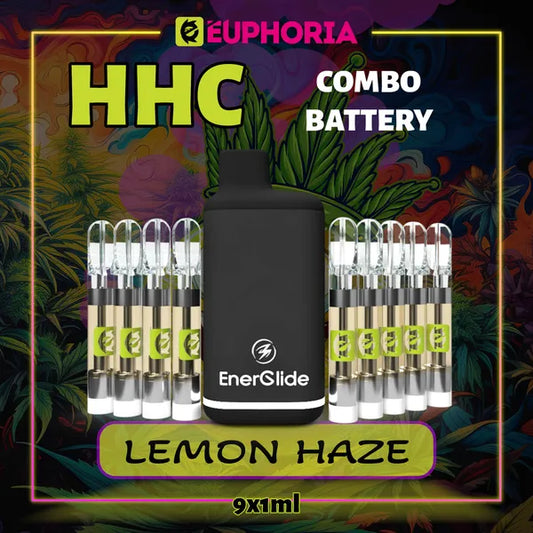 9 x HHC Vape Cartridge + Battery του E-Euphoria Ελλάδα, που περιέχει 1ml του 95% HHC και γεύση τερπενίου του Lemon Haze, άρωμα λεμονιού για ανεβαστικό και χαλαρωτικό αποτέλεσμα.